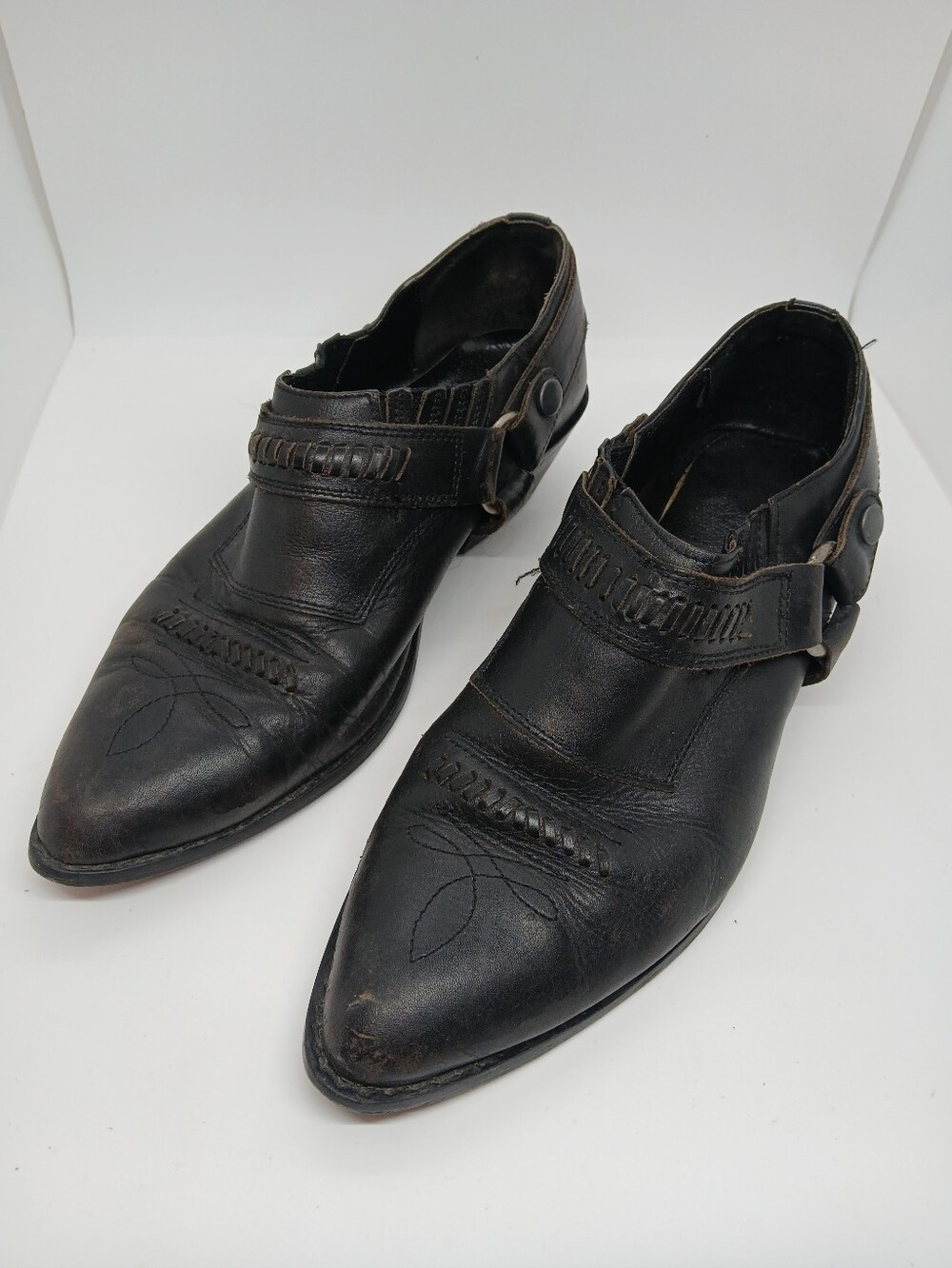 Vintage Men's Black Leather Harness Ankle Boots Size 9 D Pointed Toe Brazil